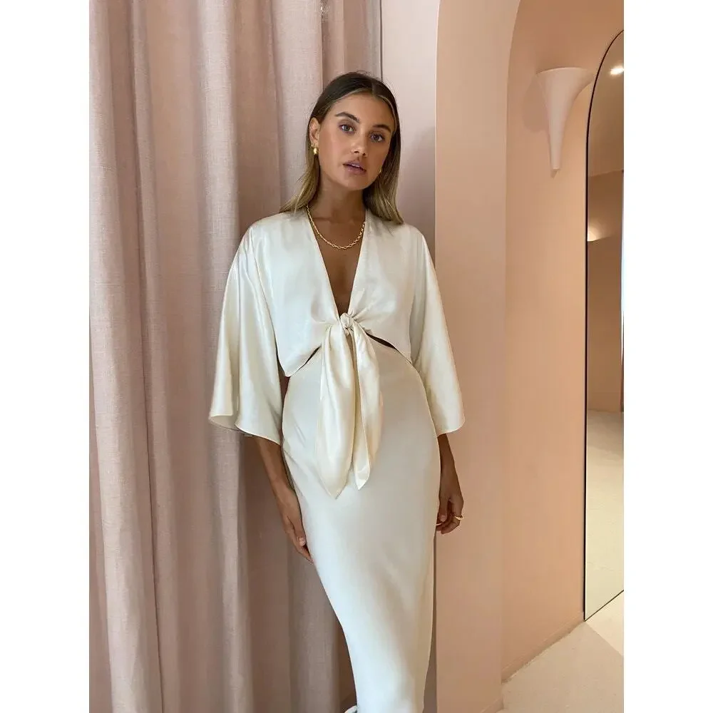 Shona Joy La Lune Tie Front Bias Midi Dress Cream - Picture 2 of 14